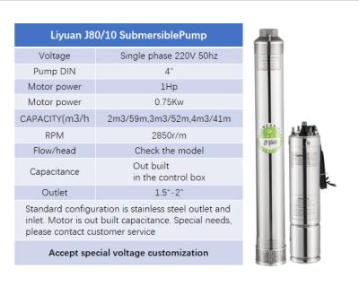 China Developing World Water Solutions J80/10 Series Agriculture 1hp 0.75Kw 64m Motor Solar Submersible Water Pump ATA for sale