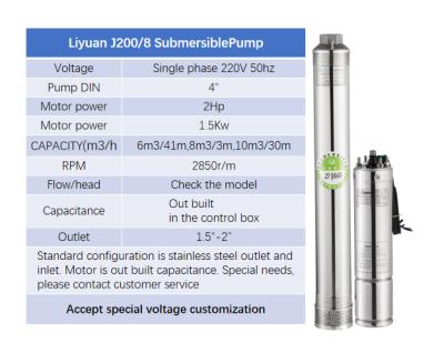 China Developing World Water Solutions J200/8 Series Agriculture 2hp 1.5Kw 53m Motor Solar Submersible Water Pump ATA for sale