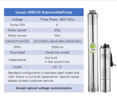 China Developing World Water Solutions Liyuan 4 Inch Pump 400/14 Series 5.5Hp Three Phase 4Kw 64m 12/16/20 m3/h ATA Motor Solar Submersible Water Pump for sale