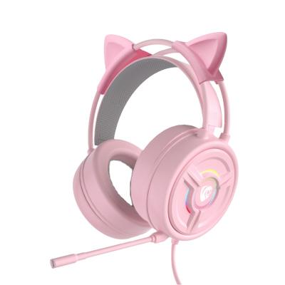 China Belen Usb Wired Cat Ears Earphone Hot Pink Color Cute Ear Headband Headband Products Headset For Girls for sale