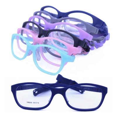 China Prescription glasses for child model 935 environmental unique optical TR90 glasses frame unhinged temple with elastic strap silicone crystal nosepads for kids for sale