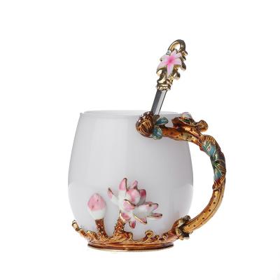 China Lotus Flower Enamel Cup Holder Stained Heat Resistant Glass Tea Cup Creative Imitation Glass Mug White Jade Water Stored Heat Resistant Glass Tea Cup for sale