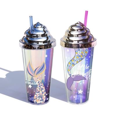 China Viable Water Cup Electroplating Glitter Plastic Tumbler With Straw Creative Ice Cream Cover Tumbler for sale