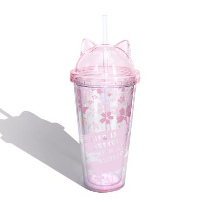 China Lovely Sustainable Cat Ears Dome Cover Plastic Water Cup with Straw Creative Tumbler for sale