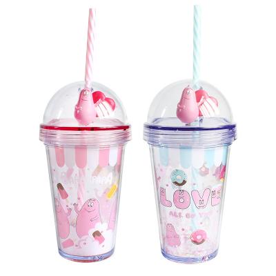 China Wholesale Sustainable Kids Double Wall Cartoon Plastic Cups With Dome Tumbler Cups Water Bottles Lids And Straws for sale