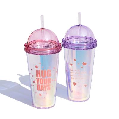 China Wholesale English Words Viable Printed Double Wall Plastic Cup With Cover And Dome Straw For Girls Drinking Water Tumbler for sale