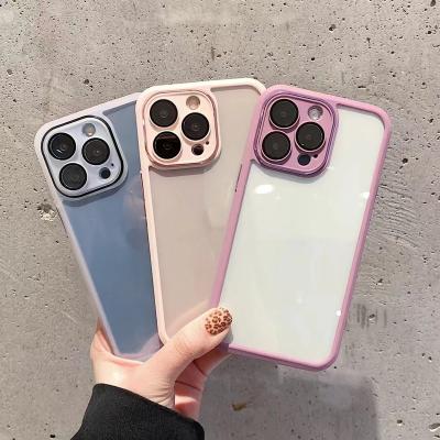 China Clear Candy Shockproof Transparent Bumper Cover Coque 2 in 1 Camera Lens Protector Metal Button Phone Case for iPhone 13 pro 12 pro 11 max for sale