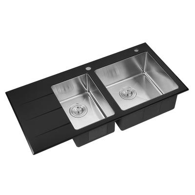 China Without Faucet Stainless Steel Farmhouse Black Double Sink Glass Kitchens for sale