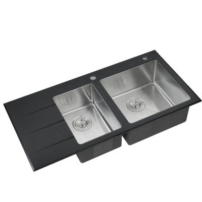 China Without Faucet America Standard Tempered Glass Black Glass Handmade Kitchen Sink for sale