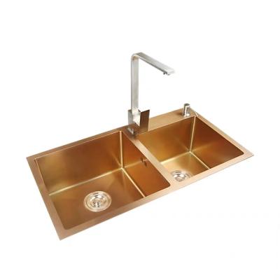 China Without Faucet Best Quality Rose Gold Handmade Double Bowl Kitchen Sink for sale