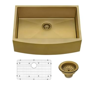 China Without Faucet Dresser Tone Farmhouse Kitchen Sink Gold 304 Stainless Steel Gold Brass Farmhouse Sink for sale