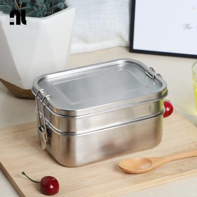 China Freshness Preservation Rectangle School Students Food Container Double Layers Bowls With Buckles Dishwasher Safe for sale