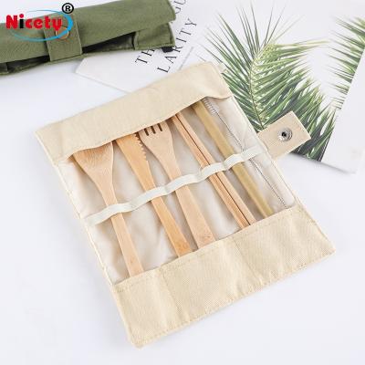 China Sustainable Reusable Bamboo Cutlery Set 7pcs Including Forks Spoon Knife Chopsticks Bamboo Spoon Straw And Brush for sale