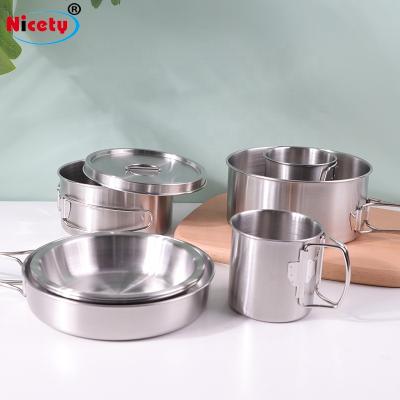 China Convenient and space-saving stainless steel camping cookware set 8 piece cooking pot for outdoor for sale