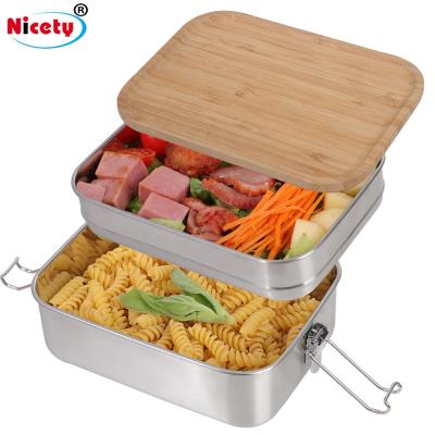 China Hot Selling Factory Price Double Layer 304 Stainless Steel Food Storage Customized Freshness Storage Customized Lunch Box With Lid Bamboo Food Container for sale