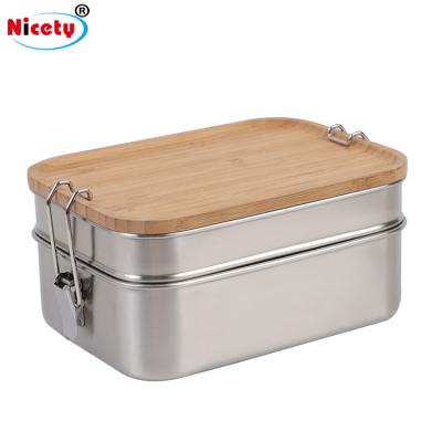 China Freshness Preservation Amazon Best Selling Two Layers 304 Stainless Steel Food Bowl Storage Container With Bamboo Lid for sale