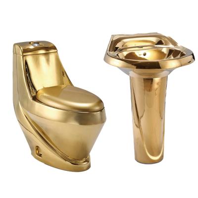 China Double-Flow Western Style One-Piece Golden Toilet Cabinet With Pedestal Wash Basin Gold Plated Bowl for sale