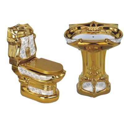 China Luxury Colorful Double-Flow Gold Toilet Flower Bathroom Two Piece Toilet Dresser Set With Basin Bowl for sale