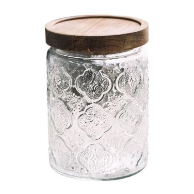 China Europe sealed food storage jar kitchen jar with relief clear cut glass with bamboo lid for sale