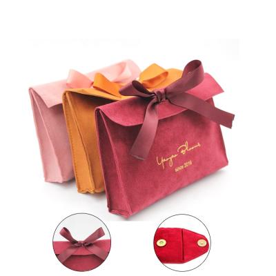 China Recyclable Free Sample Custom Logo Printed Small Envelope Shape Bag Luxury Suede Flap Jewelry Necklace Pouch With Ribbon Bow for sale