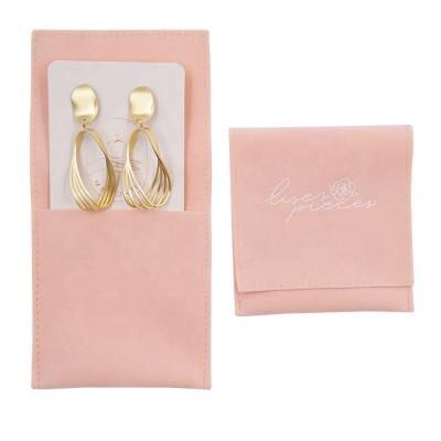 China Recyclable Custom Logo Printed Small Flap Envelope Necklace Gift Pouch Luxury Pink Suede Jewelry Bag for sale