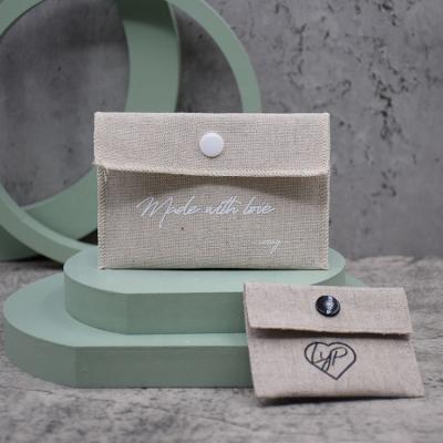 China Custom Jewelry Logo Recycled Envelope Snap Bag Jewelry Button Eco-Friendly Natural Canvas Pouch With Flap for sale