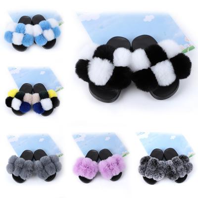 China Fuzzy House Fluffy Color Plush Slippers Loungewear Beach Shoes Sandals Fox Fur Bedroom Kids Summer Bedroom Slippers for sale