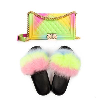 China 2020 New Lady Fashion Match Plush Slippers And Jelly Bag Set Chain Handbag for sale