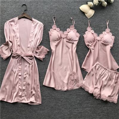 China Autumn Long Sleeve Lace Nightwear QUICK DRY QUICK DRY Plus Size Sleepwear Women Satin Two Piece Pajamas Set Ladies Solid Loungewear for sale