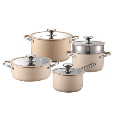 China Custom Large Kitchen Steamer Utensils Ceramic Coating Stainless Steel Lid Stocked Glass Casserole Cooking Pot Set for sale