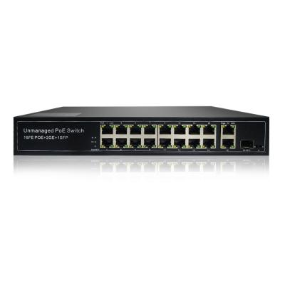 China Long Distance CCTV 250m 16 Ethernet 10/100Mbps 48V PoE Port Switch with 2 Gigabit RJ45 and 1 SFP Uplink Port for sale