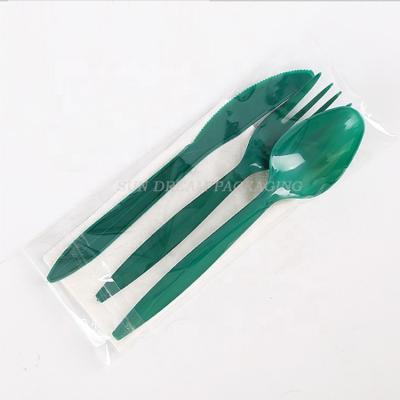 China Independent single-use single-use green plastic thickening fork plastic green thickening Four-finger dessert pasta spoon knife 5 inch pp plastic green tableware for sale