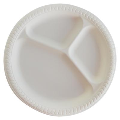 China Disposable Food Disc 10 Inch Three Grid Starch Dish Environmentally Friendly Degradable Western Dish for sale