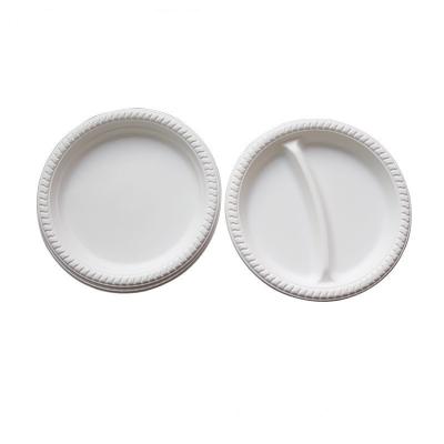 China Degradable Disposable Food 9 Inch 3 Grid Round Slot Cornstarch Dish for sale