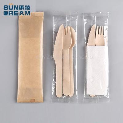 China Custom Disposable Tableware Set Food Wrap Birch Knife and Cutlery Dessert Paper Fork 16cm Wooden Napkin Spoon for sale