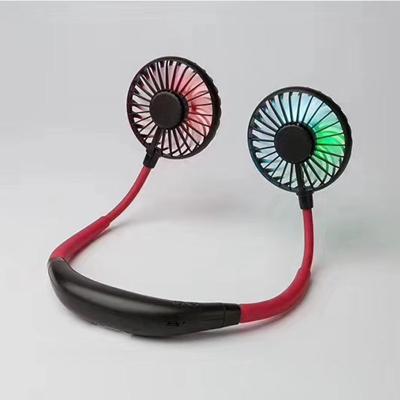 China New 2020 Colorful Lights Neck Band Fan Mini Portable Hanging Lazy Led Rechargeable Neck Fan for sale