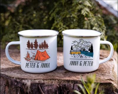 China Disposable Personalized Enamel Cup Caravan Printing Mug Camp Coffee Mugs Outdoor Mountain Travel Tin Cup DIY Sublimation Mug for sale