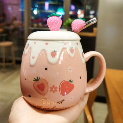 China Cute Disposable Cartoon Eco-friendly Ceramic 3D Strawberry Cup Coffee Girl Drinking Tool For Tea Milk Restaurant Office Coffee Mug for sale