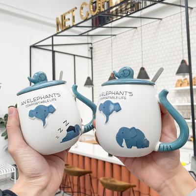 China Relief Disposable Blue Elephant Stereo Cartoon Ceramic Mug With Lid And Spoon Mug Creative Student Gift Coffee Mug for sale