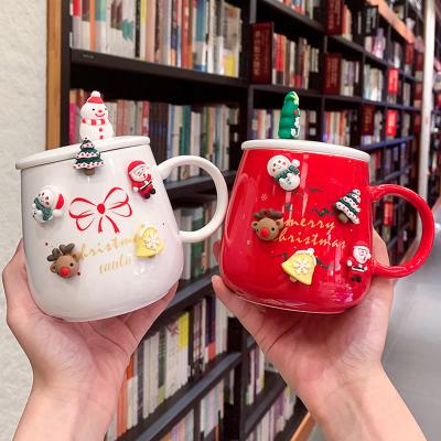 China New Christmas 450ml Disposable Cup With Tree Elk 3D Sticker Spoon Cartoon Large Water Breakfast Ceramic Coffee Cup With Lid Coffee Cup for sale