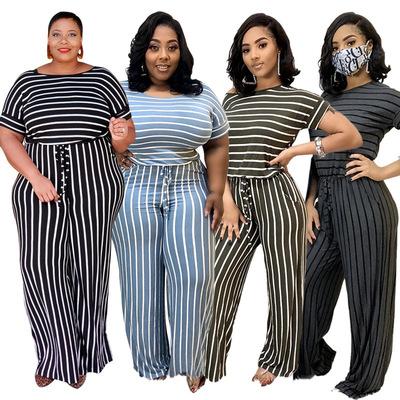 China Plus Size Summer Plus Size Women's Jumpsuits Striped Print Stretch Rompers Ladies O-Neck Short Sleeve Big Size Knitted Jumpsuit For Women for sale