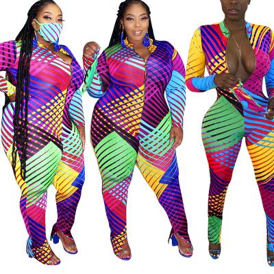 China High Quality Fashion Big Size Print Rompers Women Long Sleeve Fit Neck Slim Casual Geometric Plus Size Turtle Plus Size Women's Overalls for sale