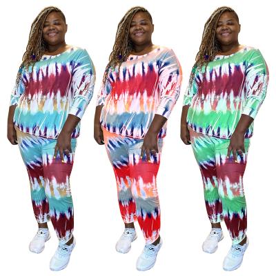 China Fashion Plus Size Autumn Big Yards 2 Piece Suits Women Tie Dye Two Piece Suit Printed O-Neck Long Sleeve Pants Plus Size Womens Suit for sale