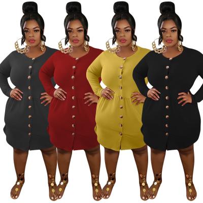 China Plus Size Plus Size Dresses Women Slim Fit Buttons Cardigan Dress Ladies Side Pockets Long Sleeve O-Neck Autumn Fashion Dresses For Woman for sale