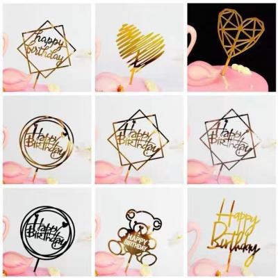 China Birthday & Wedding Decoration Gold Beautiful Style Acrylic Cake Decor Toppers Geometry Round Letter Cake Toppers Happy Birthday Wedding Party Cupcake Toppers for sale