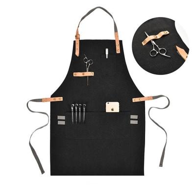 China European High Quality Fashion Canvas Aprons With Genuine Leather Straps Waiter Coffee Shop Cafe Working Apron for sale