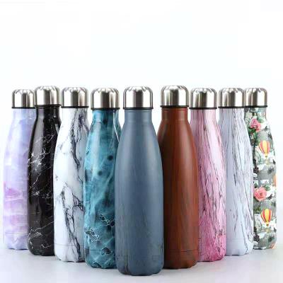 China Cold viable 24 hours, hot 12 hours vacuum insulated cola shape double walled marbling thermos for sale