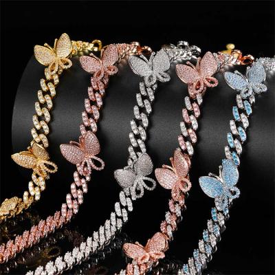 China TRENDY Hip Hop Butterfly Jewelry Set 9mm Fork Butterfly Cuban Link Necklace Anklet Chain Bracelet For Women for sale