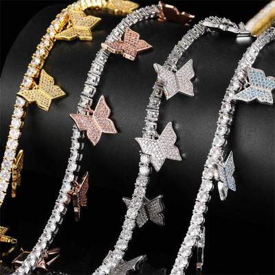 China Hot Sale TRENDY Hip Hop Sparkling Bling Crystal Butterfly Necklace Rhinestone Butterfly Necklace Tennis Pendant Chain Shiny For Women for sale