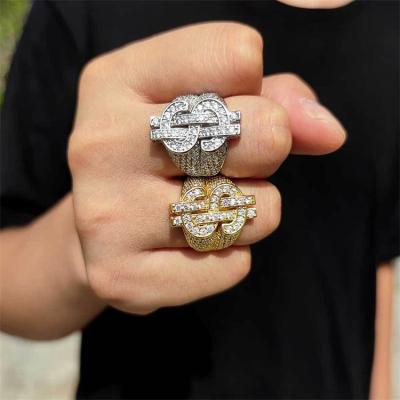 China Hiphop TRENDY 18K Diamond Crystal Dollar Sign Rings Iced Out Gold Plated Finger Ring For Men Dollar Money for sale